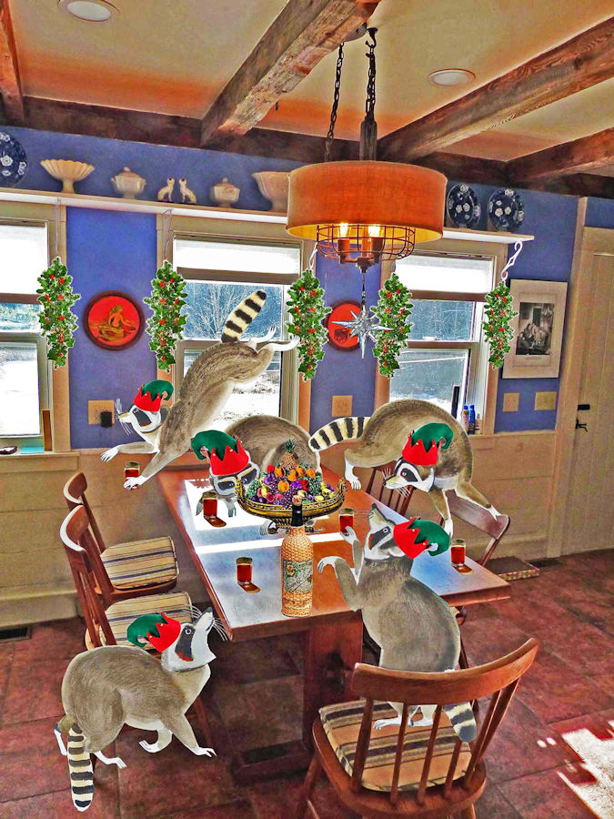 Robinhood Farm kitchen featuring five raccoons by Dahlov Ipcar, from an illustration in MY WONDERFUL CHRISTMAS TREE, used with permission, all rights reserved. Graphic ©2021, Ipbar Productions, all rights reserved.