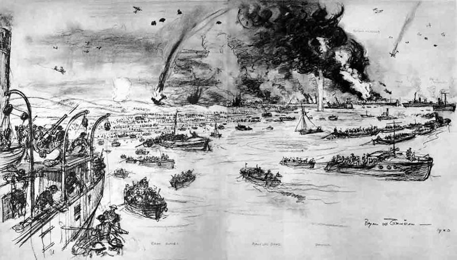 "The Evacuation at Dunkirk," from THE ILLUSTRATED LONDON NEWS, June 8, 1940, pp. 766-767. The small print under the headline says it was drawn by their 'special war artist', John A. Bryan de Grineau (1883-1957), 'from descriptions furnished by eye-witnesses.'
