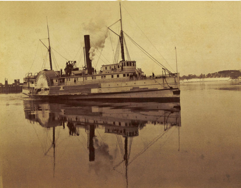 Starboard bow view of Sidewheel Steamboat Katahdin after Nor'east Gale, Portsmouth Harbor, NH, January 9, 1886, from Storms and Shipwrecks of New England, p. 153.