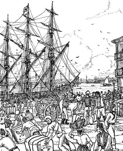 The illustration is drawn by Stan Hugill and is titled New Orleans Waterfront - 1840's, and is from <strong>Sailortown</strong>, by Stan Hugill, published by Rutledge & Kegan Paul Ltd., London, UK, © 1967, p. 185.